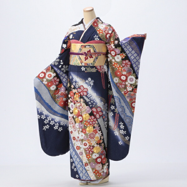f8022185r2】【レンタル】【成人式】振袖 フルセット Lサイズ 青・紺系
