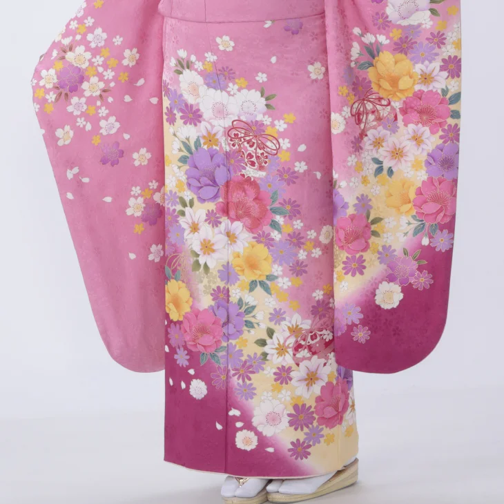 f0312179r2】【ピンク・オレンジ系】振袖 レンタル フルセット Mサイズ