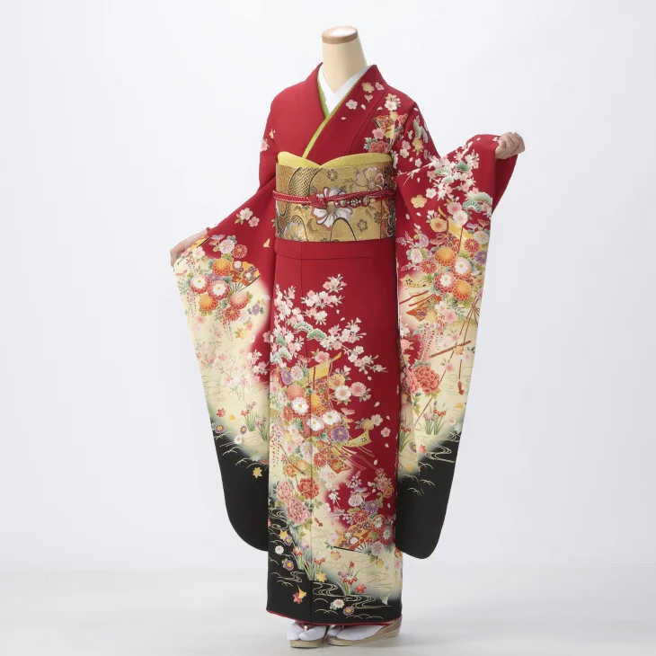 f0718140r】【赤・ワイン系】振袖 レンタル フルセット Lサイズ 【状態