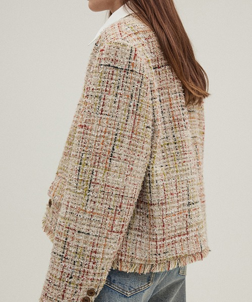 ジャケット ノーカラージャケット ウールミックス ツイードジャケット
