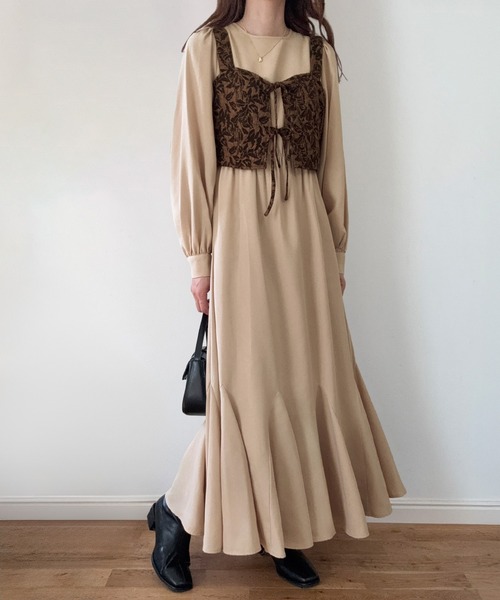 LAUIR（ラウアー） ワンピース パフスリーブワンピース+ジャガード