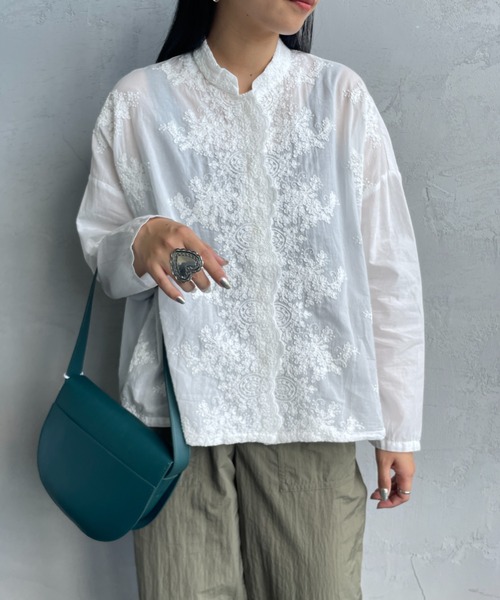 mizuiroind（ミズイロインド） ブラウス シャツ レース刺繍 スタンド