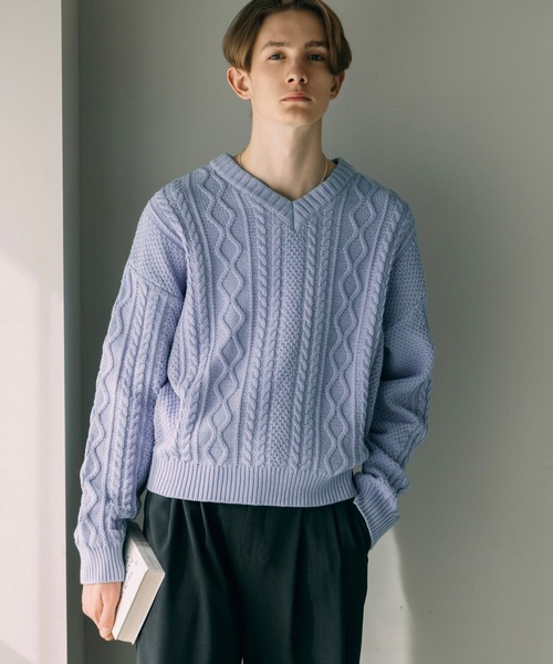 LURAKU セーター ニット 「LURAKU」V-neck Short Length Cable Knit