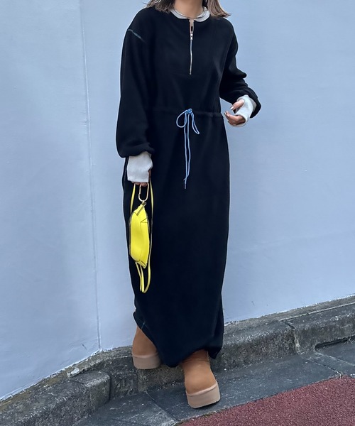mi via loca ワンピース 配色フリースボア ハーフZIPロングワンピース