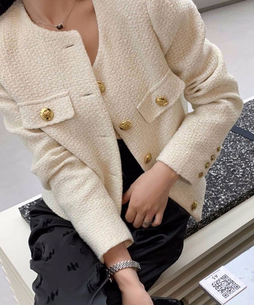 ジャケット ノーカラージャケット ゴールドボタンツイードジャケット