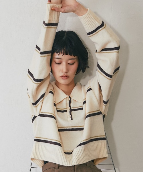 ニット セーター 配色ストライプポロニット レディース : ZOZOTOWN