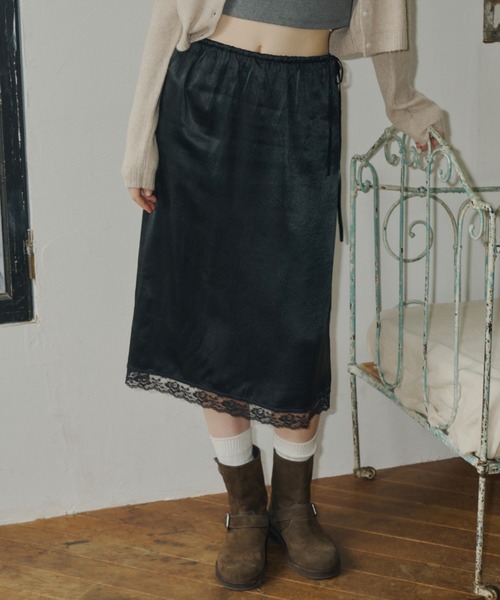 GIUNON スカート crushed satin lace skirt / クラッシュサテンレース