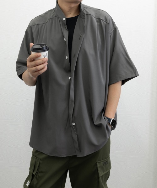 AsaAura シャツ スタンドカラーシャツメンズ 半袖トップス メンズ