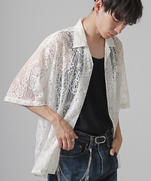 LUXSTYLE（ラグスタイル） シャツ フラワーレース開襟半袖シアーシャツ