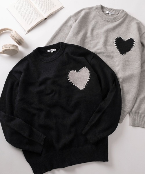 ニット セーター 「82」 ハート／スター ハンドステッチ クルーニット