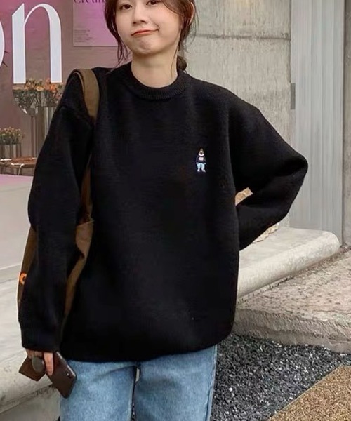 2ly2 ニット セーター クマ刺繍ラウンドネックソフトもちもちセーター