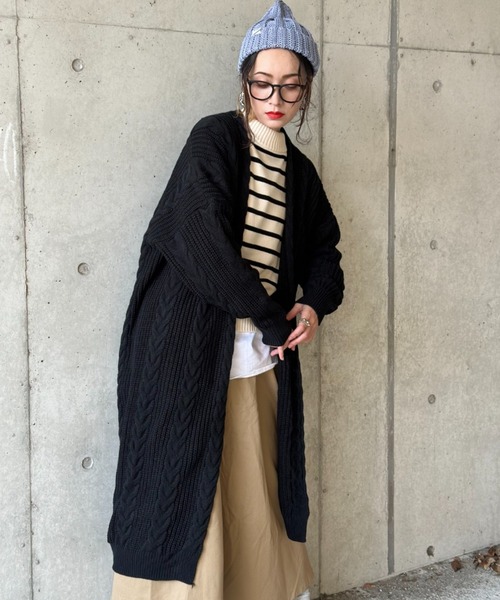 deux amour カーディガン ケーブルニットロングカーディガン