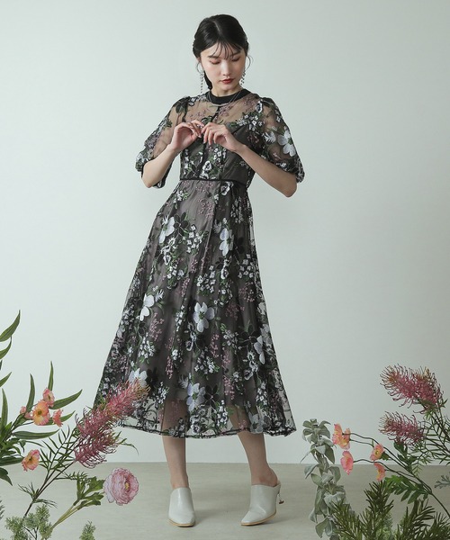 Kana ドレス シック フラワー刺繍 パーティー ドレス 結婚式 お呼ばれ