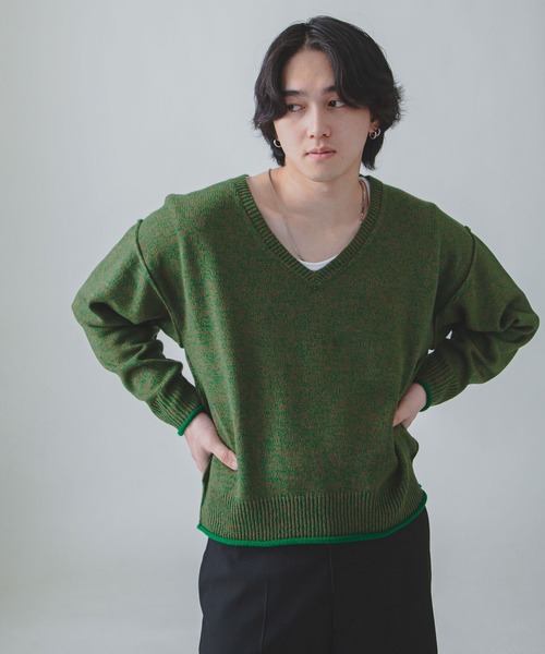 ZIP FIVE -White Line- セーター ニット 「White Line」 杢 Vネック