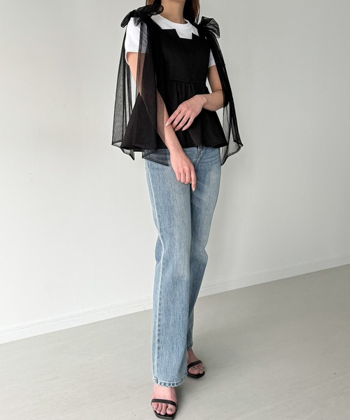 JUNOAH（ジュノア） キャミソール チュールリボンキャミフレアビスチェ