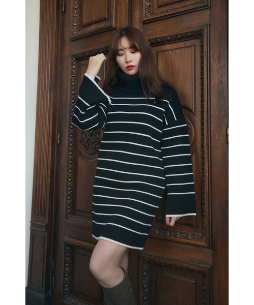 Her lip to ワンピース Striped Turtleneck Mini Knit Dress