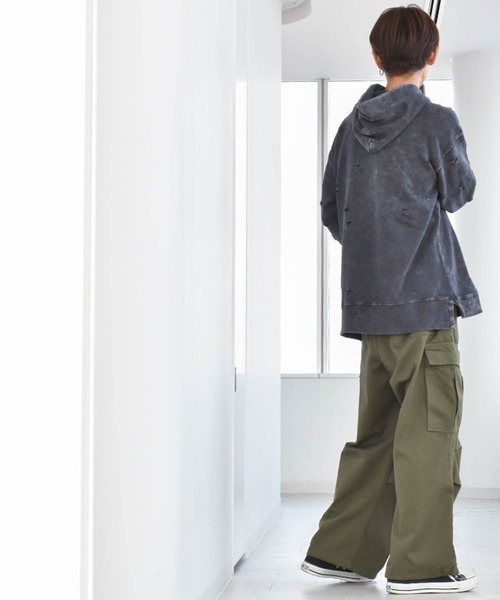 パーカー 裏毛 硫化染めダメージ加工プルパーカー レディース メンズ