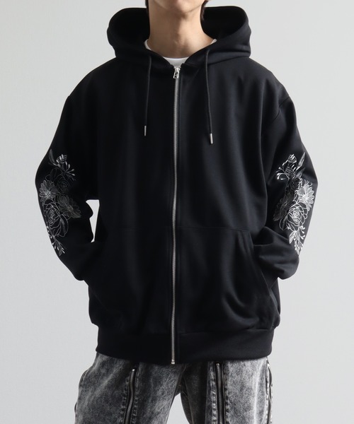 パーカー フラワースリーブ刺繍 エアリーポンチ ジップアップパーカー