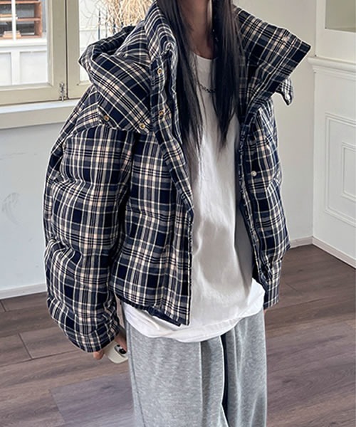 ダウンコート ダウンジャケット フード付きチェック柄ダウンジャケット