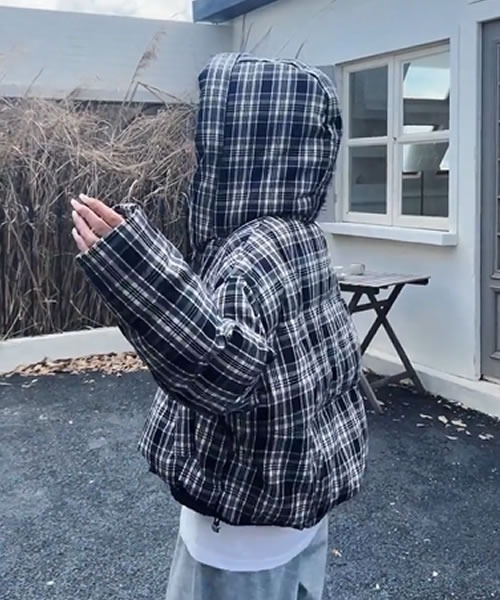 ダウンコート ダウンジャケット フード付きチェック柄ダウンジャケット