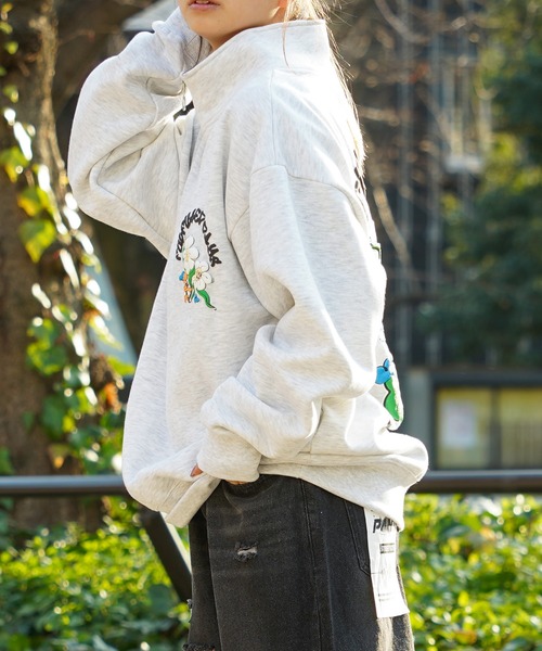トレーナー スウェット 「unisex」フラワーモチーフ ハーフジップ