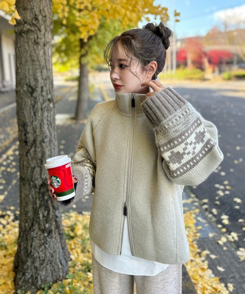 ニット セーター jacquard double zip knit /スタンドカラージャガード