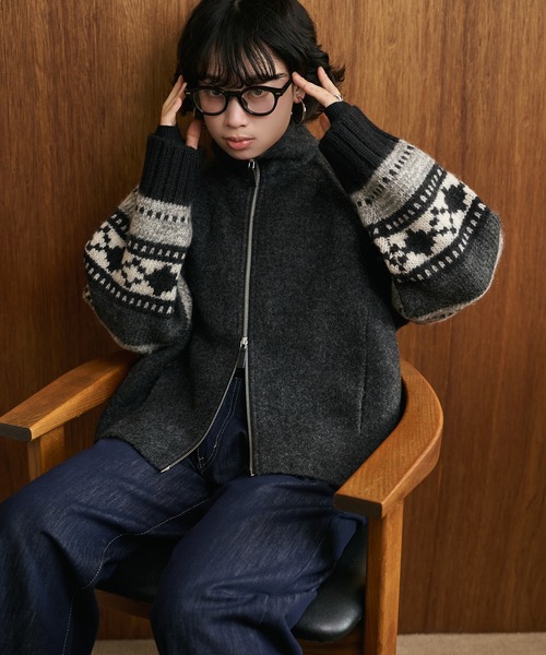 ニット セーター jacquard double zip knit /スタンドカラージャガード