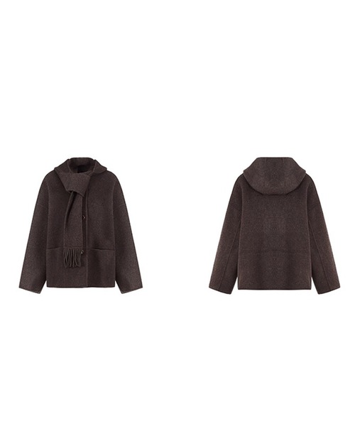 コート アウター フードマフラー付き ノーカラー ウールハーフコート