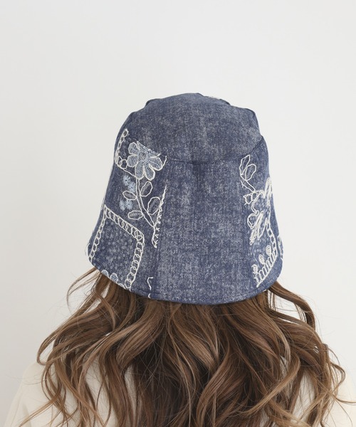 Crossi 帽子 ハット サイドレース刺繍デニムバケットハット レディース