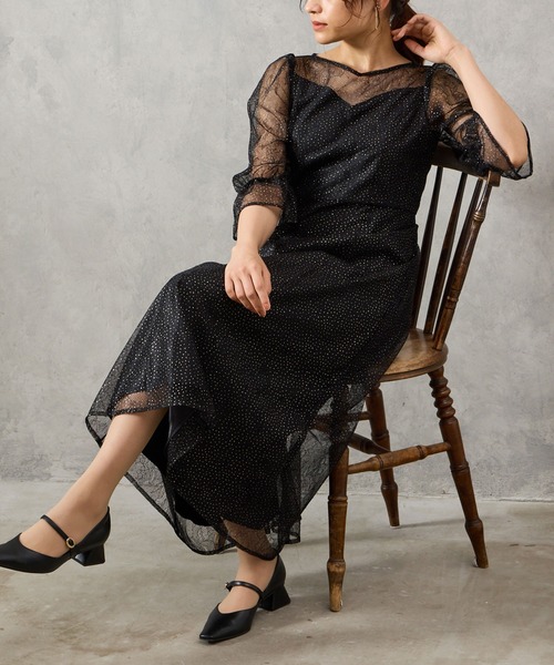 AIMER（エメ） ドレス グリッターレース袖付きフィット＆フレア