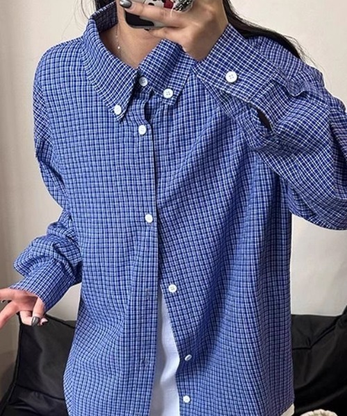 FreeZone ブラウス シャツ チェック柄オーバーサイズ長袖シャツ