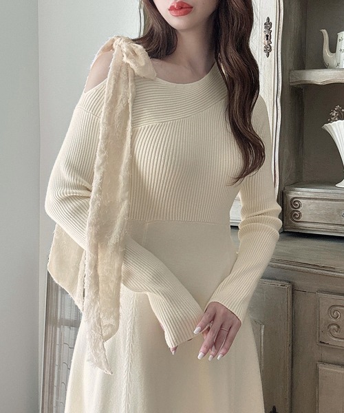 Meiru ワンピース ショルダーリボンアシメニットフレアワンピース「高