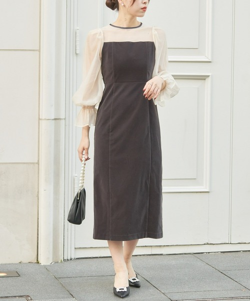 Chico（チコ） ドレス 「2サイズ展開」配色シースルータイトロング