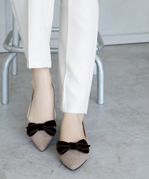 パンプス 晴雨兼用 ベルベットリボン ポインテッドトゥ パンプス「日本