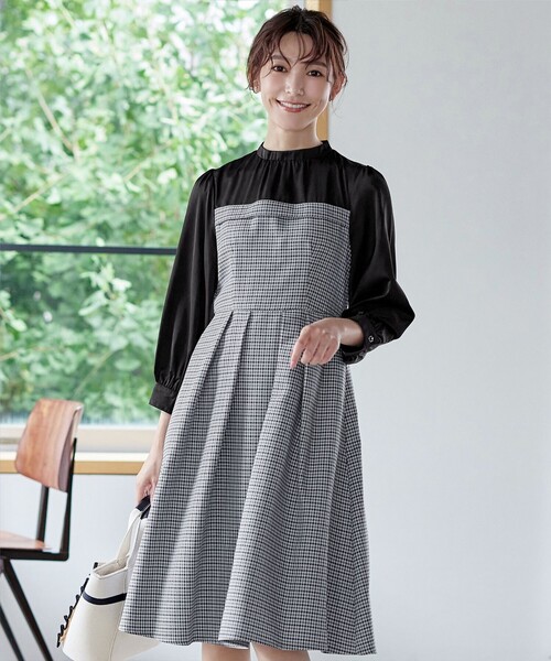 Tiaclasse ワンピース ビスチェ風ツイードチェックドッキング