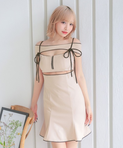 Tika（ティカ） ドレス キャバドレス ミニ フレア 肩あき コードリボン