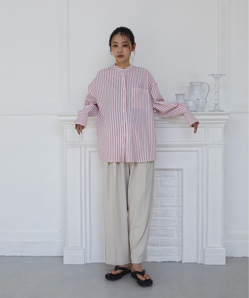 S'YTE Yohji Yamamoto不規則ストライプ柄ロングノーカラーシャツ S'YTE