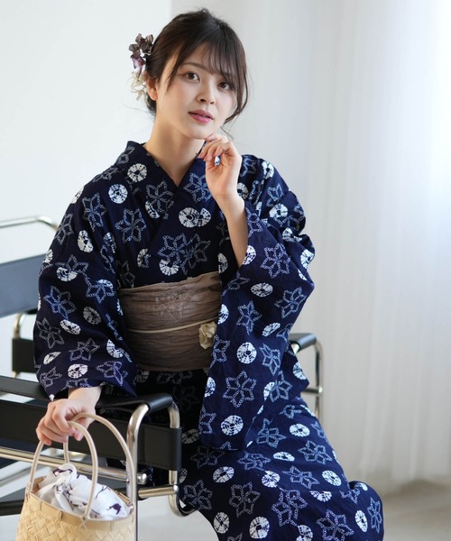 浴衣 有松鳴海絞り 松川菱 花模様 ネイビー 系 着物 042w p 浴衣有松鳴海