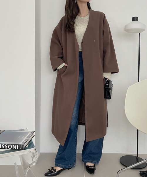 TREOVER ノーカラーコート コート サイドスリット ノーカラーロング