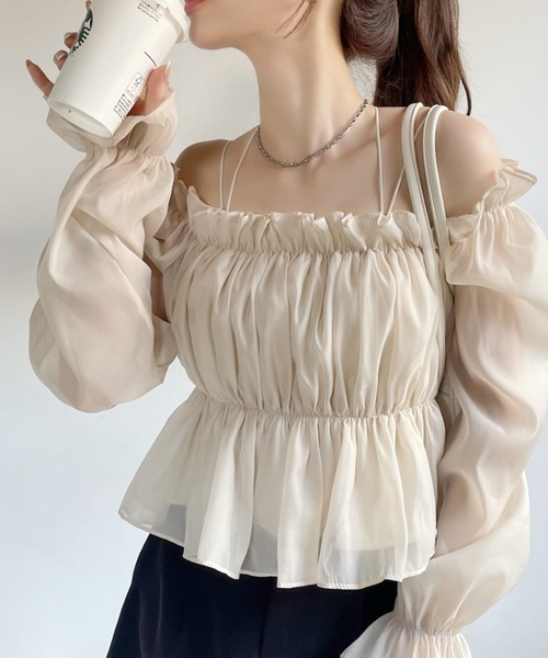 Ada. ブラウス シャツ 2WAY オフショル シアー ギャザー 長袖 ブラウス