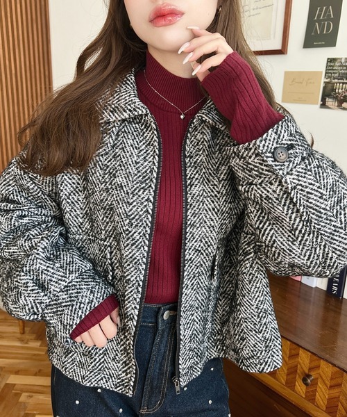 moment+ ブルゾン アウター フェイクウールヘリンボーン2WAYカラー