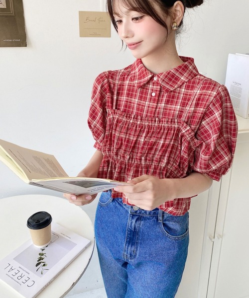 moment+ ブラウス シャツ フリルビスチェセット半袖チェックシャツ