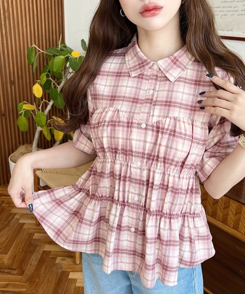 moment+ ブラウス シャツ シャーリングビスチェデザイン半袖チェック