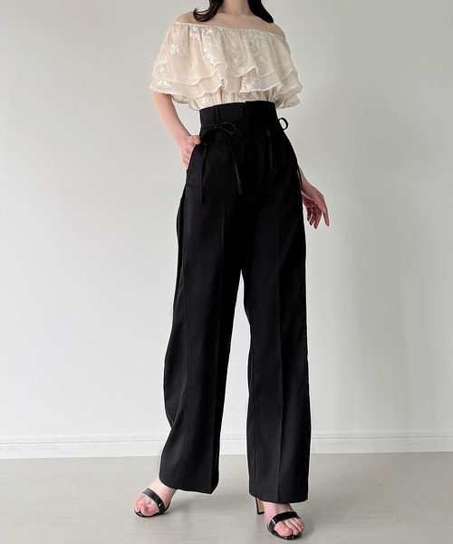 JUNOAH（ジュノア） スラックス パンツ サイドタックハイウエスト