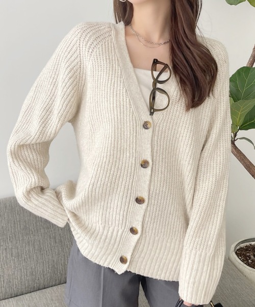 TREOVER カーディガン 片畦編み・Vネック MIXニットカーディガン