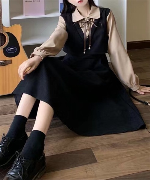 FREE STYLISTS ワンピース バイカラー 襟リボン セットアップ風フレア