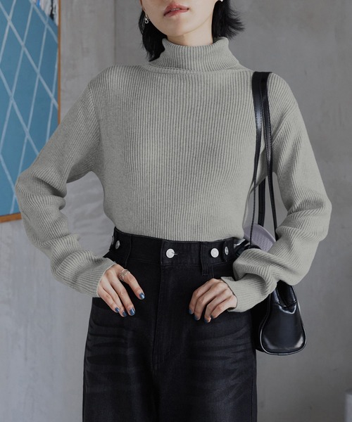 ニット セーター 綿100％タートルネックリブニット レディース