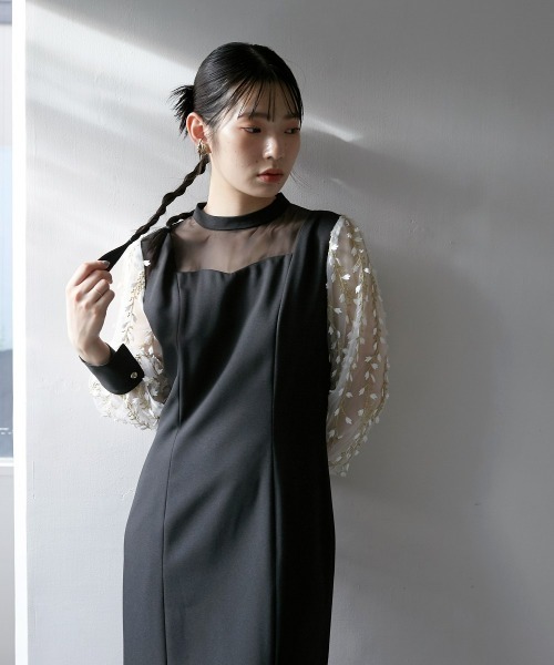 Callarus ドレス 袖チュール使い裾切替デザインワンピースドレス