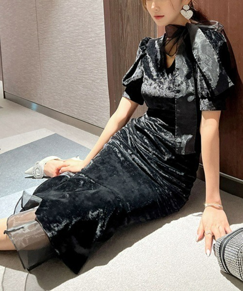 Ritomo De Ricco ドレス ベルベットシアーフレアブラックドレス