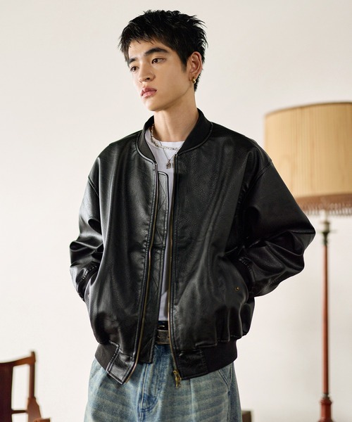 Bleme ma1 ma-1 PU合皮 ダブルジップ MA-1 ボンバージャケット